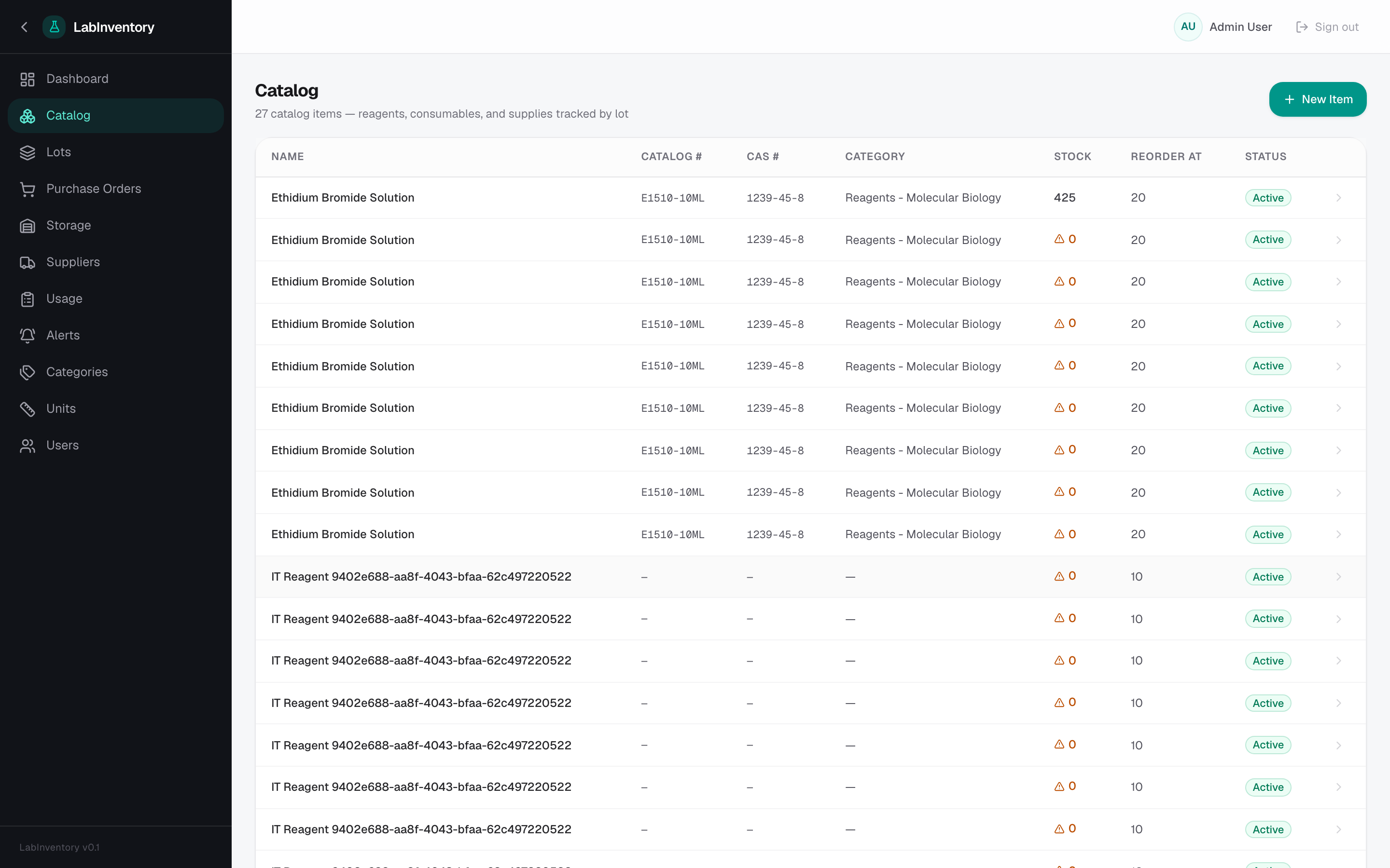 LabInventory catalog with stock levels and pricing