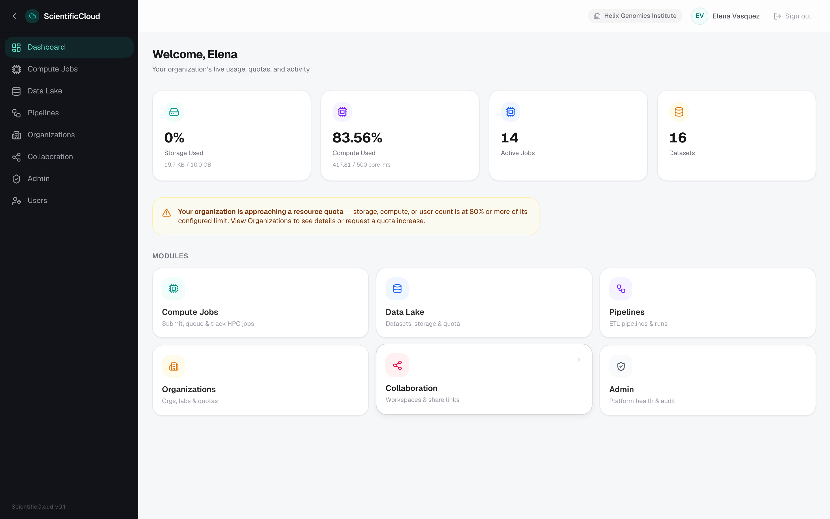 ScientificCloud dashboard
