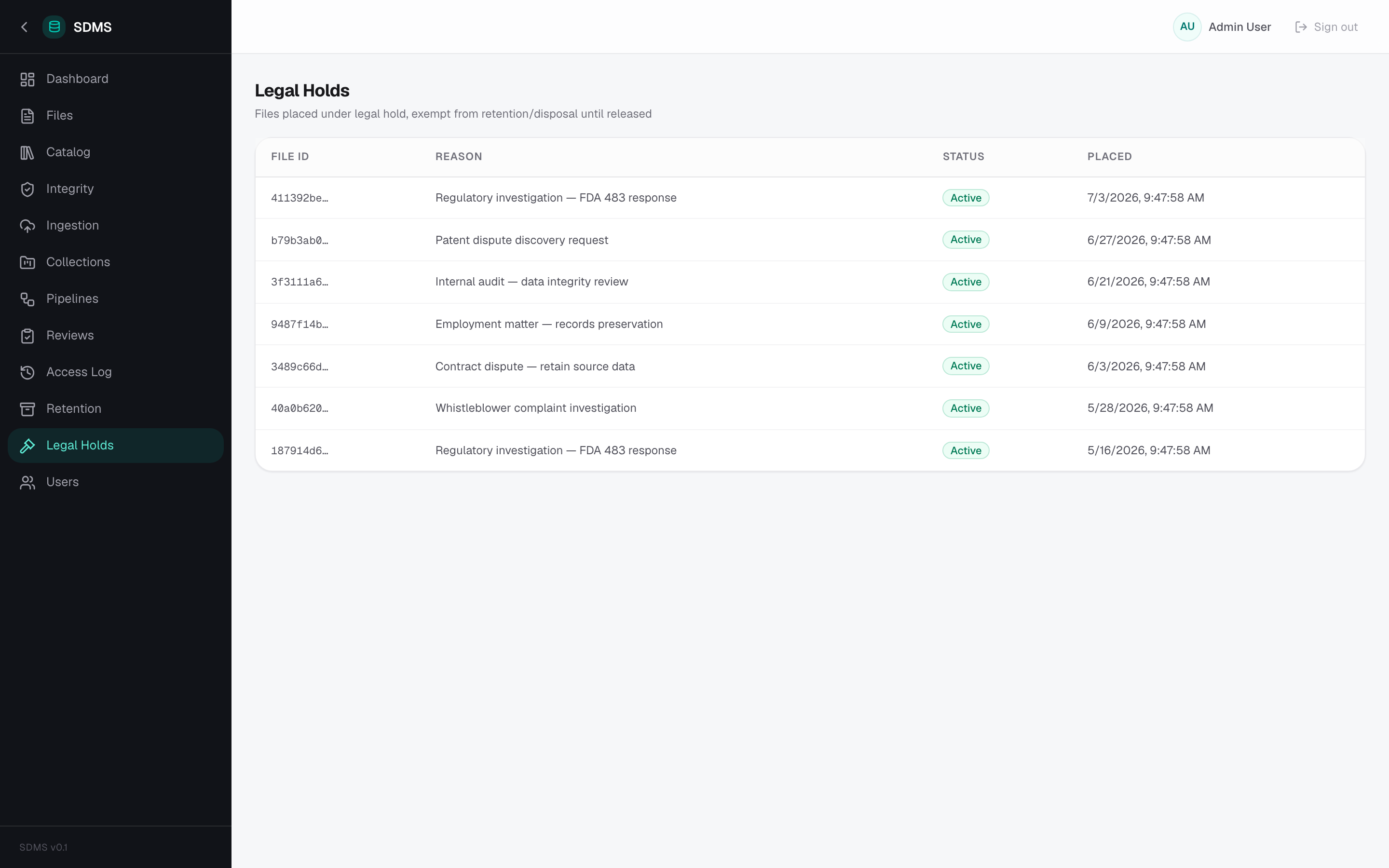 SDMS — Legal Holds
